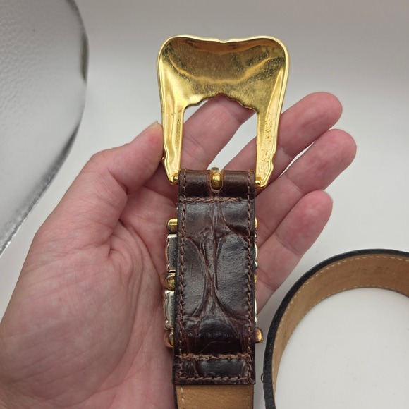 Streets Ahead Brown Croc Embossed Leather Western Belt Gold Silver Buckle USA Sm main image 9